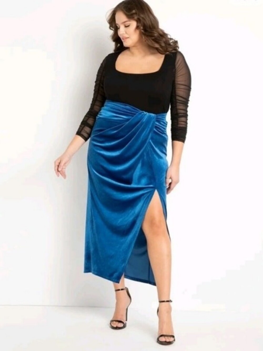 Eloquii Blue Velvet Midi Skirt Size 16